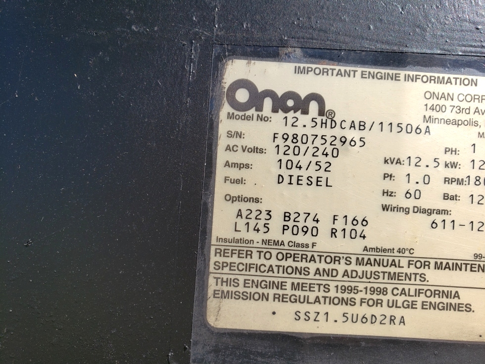 ONAN QUIET DIESEL 12500 USED MOTORHOME 12.5HDCAB/11506A GENERATOR RV PARTS FOR SALE Generators 