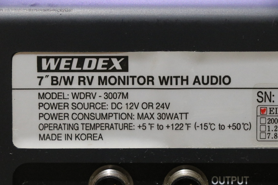 USED RV WDRV-3007 WELDEX B/W MONITOR WITH AUDIO FOR SALE RV Electronics 