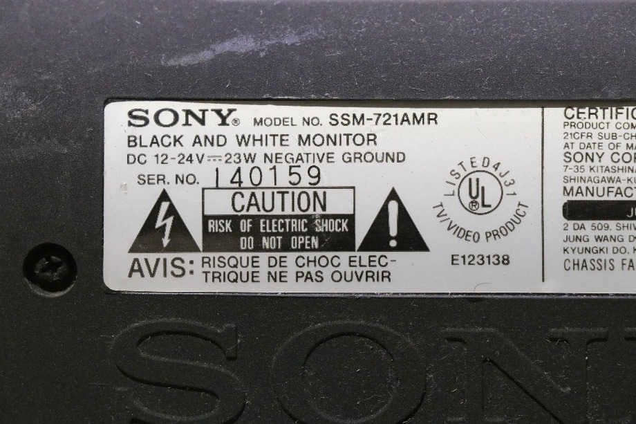 USED MOTORHOME SONY SSM-721AMR B/W MONITOR FOR SALE RV Electronics 