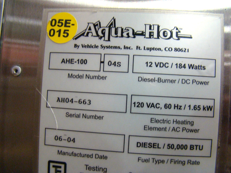 AQUA HOT HEATING SYSTEM AHE-100 04S FOR SALE USED - VISONE RV RV Appliances 