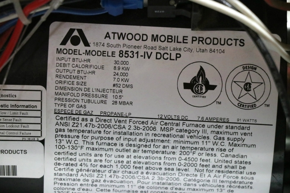 RV Appliances ATWOOD 8531IVDCLP USED MOTORHOME FURNACE FOR SALE RV