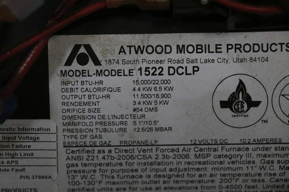 USED 1522 DCLP ATWOOD FURNACE MOTORHOME PARTS FOR SALE RV Appliances 